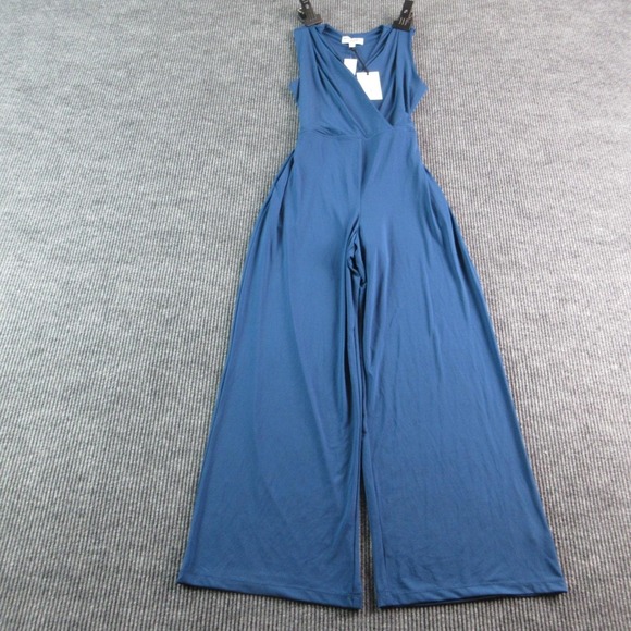 Montgomery Post Pants - Montgomery Post Jumpsuit Womens M Petite Blue Belted Pleated V-Neck Wide Leg NWT